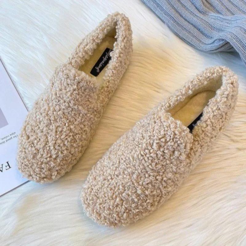 Fashion New Women's Fur Flat Shoes Autumn Keep Warm Plush Shallow Slip On Casual Shoes for Women Loafers Outdoor Women's Walking Shoes