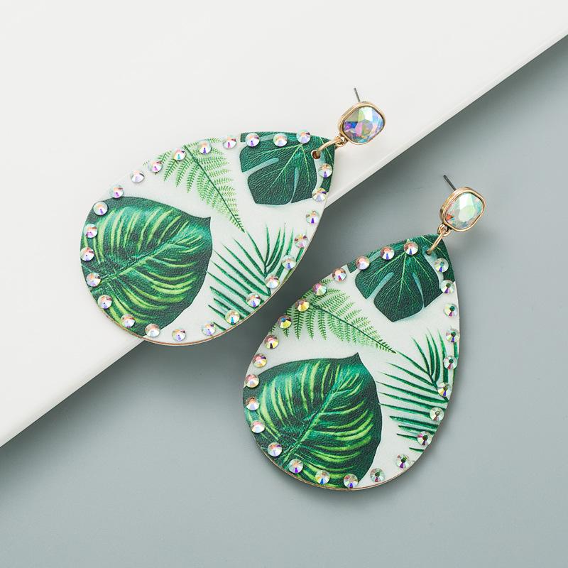 Women Double-sided Palma Print Drop Earrings Titanium Steel Zircon Crystal Droplet Leather Bohemia Ear Ornaments