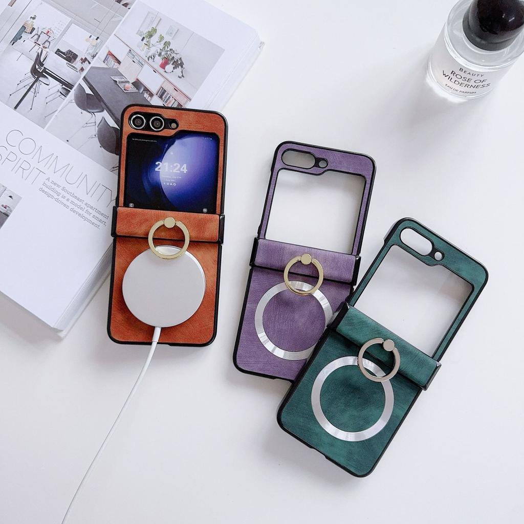 New Samsung ZFlip1 Magnetic Ring Case Sticker Bracket Hardware Buckle ZFlip1 Mobile Phone Case Leather