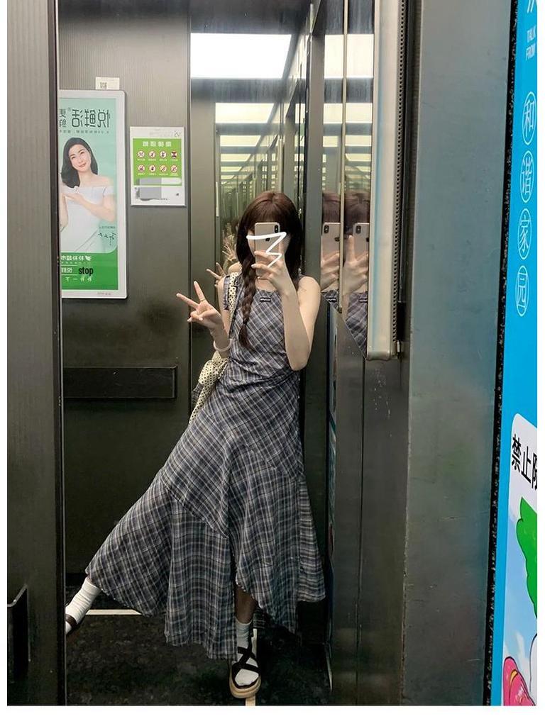 Women's Summer Plaid Vest Dress - American Street Style, Niche Design, Mid-Length Irregular Skirt