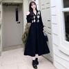 Autumn Winter Women Black Midi Dress V Neck Geometry Knitting Corduroy Patchwork Dress Long Sleeve Casual Basic Dress
