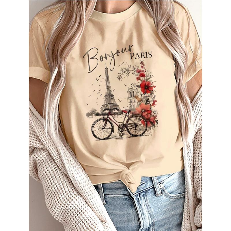 Casual Short Sleeve Printed T Shirt Clothing Women's T-Shirt Graphic Clothing Top Tee Fashion Bonjour Paris Text Print T Shirt