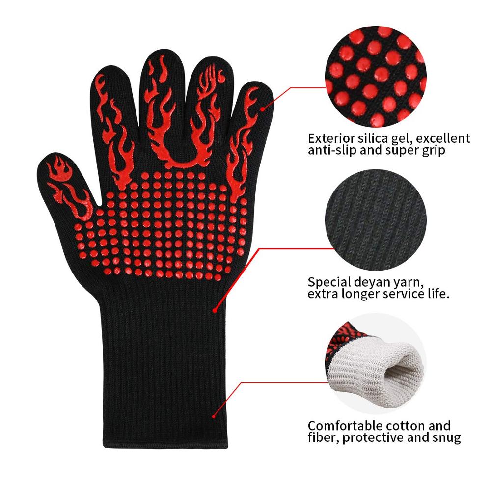 LMETJMA Grill Gloves 1472° F (800° C) Extreme Heat Resistant BBQ Cooking Gloves Oven Mitts Non-Slip Silicone Baking Glove KC0284