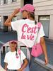 C'est La Vie Heart Graphic T-Shirt, Women's T-shirt with Retro French Letter Print Front & Back , Spring Summer Daily Wear