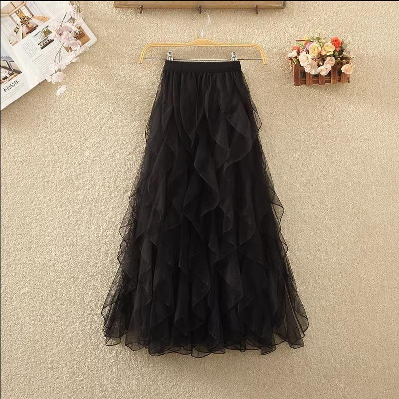 Elastic Waist Ruffled Half Length Skirt Elastic Waist Frill Half Length Long dress