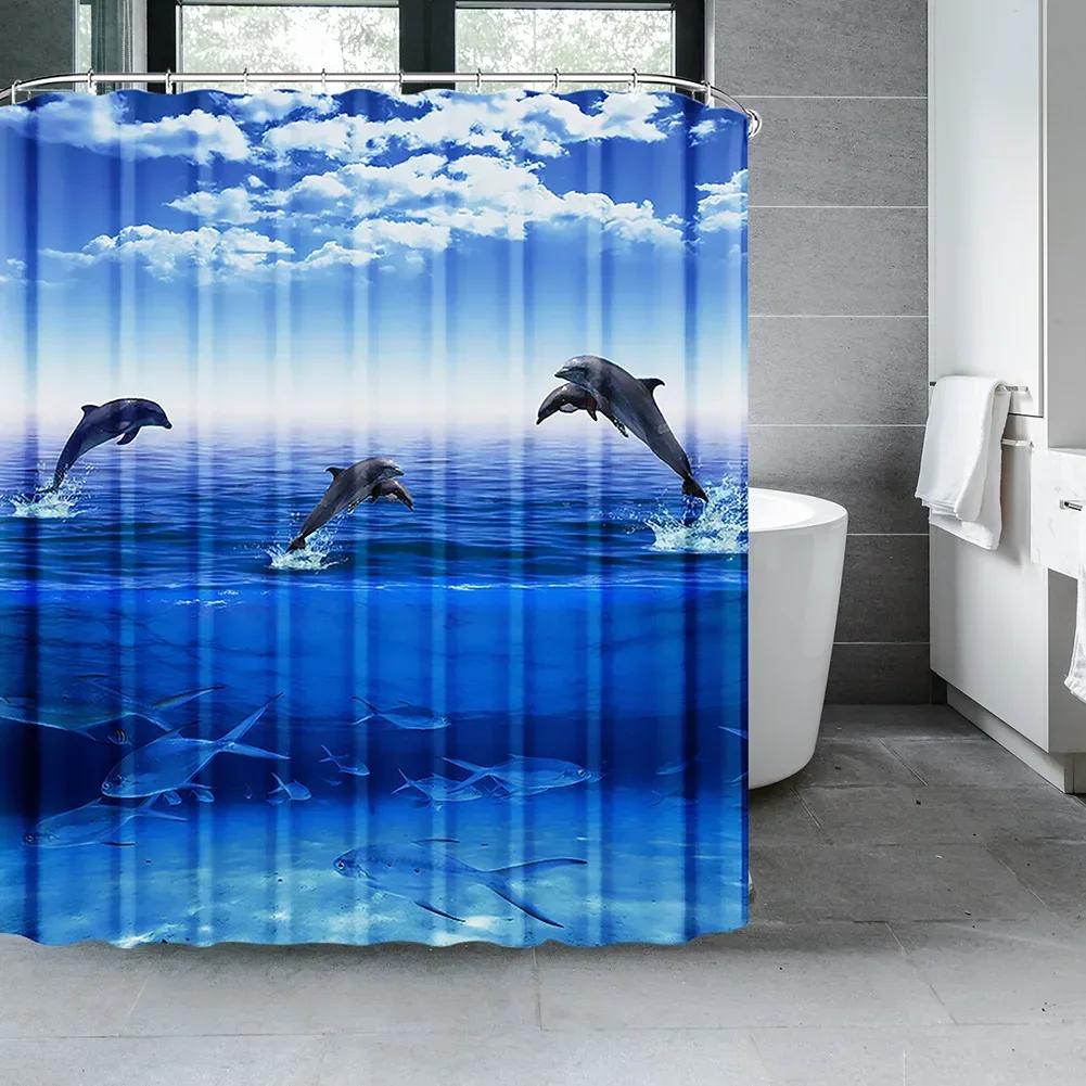 Ocean Underwater World Shower Curtains Set Dolphin Animal Cheerful Marine Life Scenery Polyester Fabric for Kids Bathroom Decor