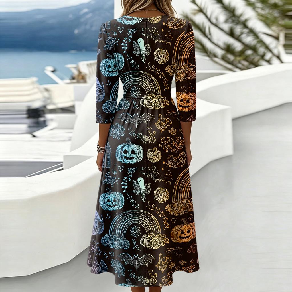 Womens Casual Fashion V Neck Midi Dress Three Quarter Sleeve Back Zipper Halloween Print Dress