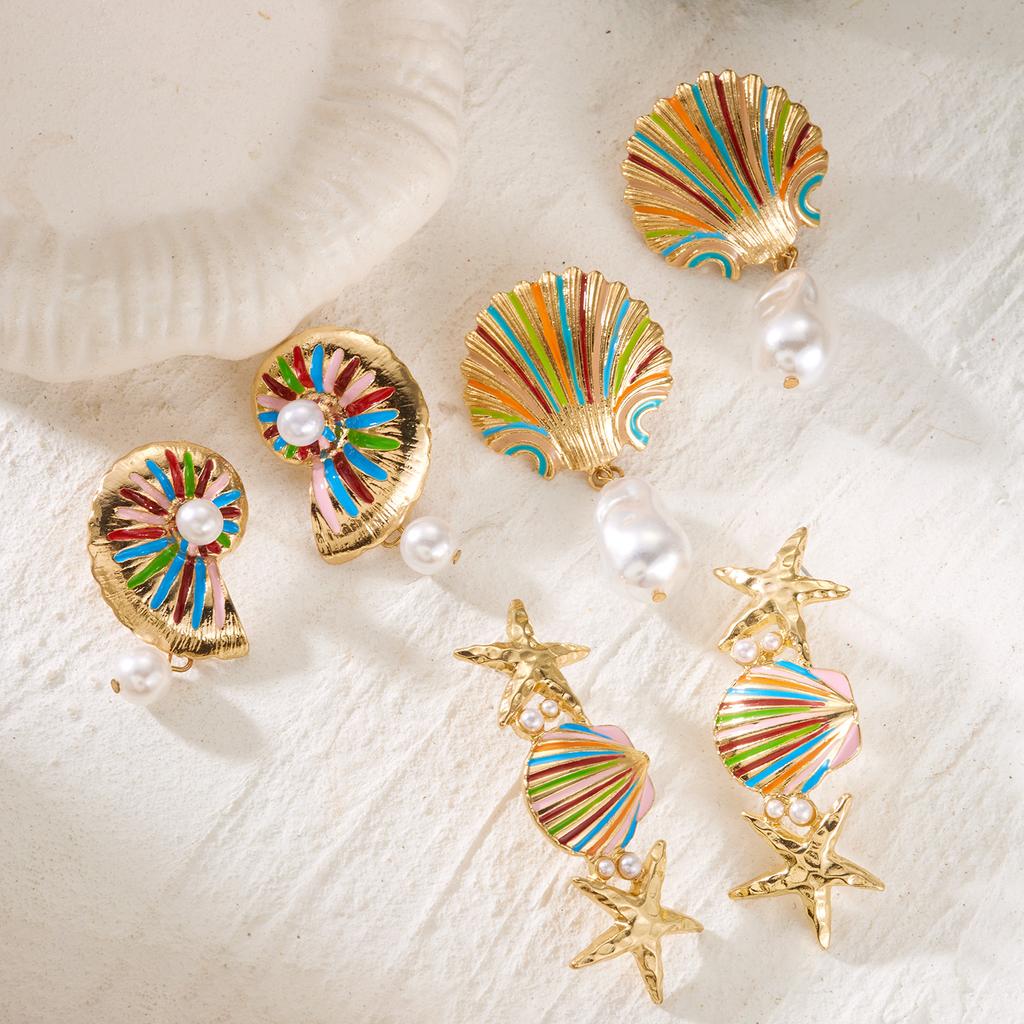 Colorful Painting Shells Stud Earrings for Women Fashion Conch Starfish Long Pendant Earrings Summer Beach Party Jewelry Gifts