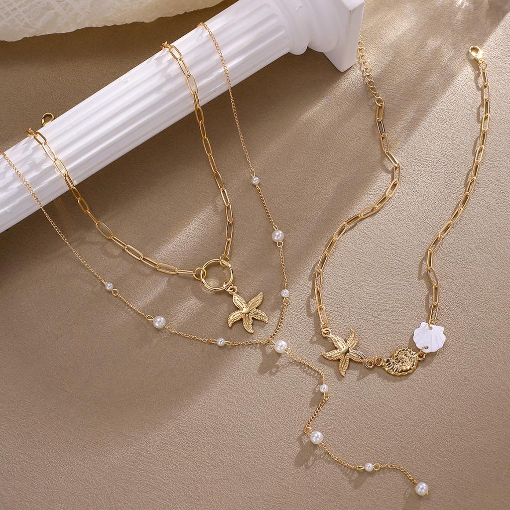 3Pcs/Set Shell Starfish Conch Pendant Necklace for Women Vintage Gold Color Imitation Pearl Necklaces Summer Multilayer Jewelry