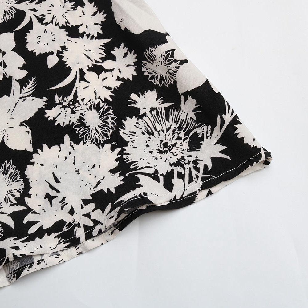 Women's Spring Autumn V Neck Long Sleeve Lace Up Printed High Waist A Line Dress