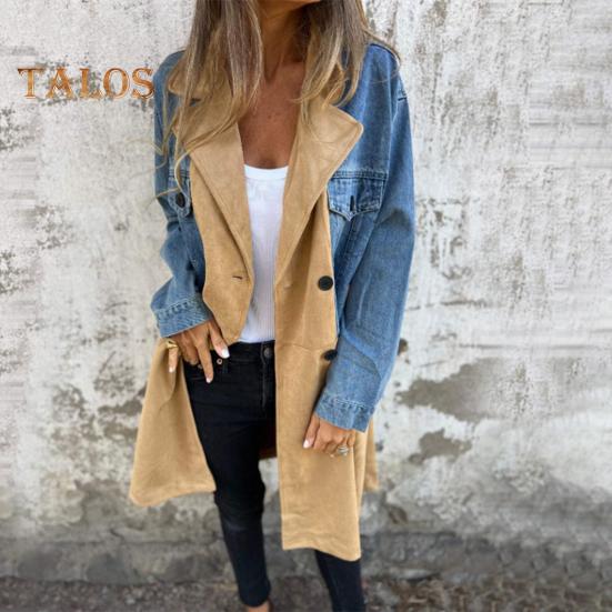 Dámské Jaro Podzim Kabát Džínová bunda Kabát Patchwork Dvouřadý s kapsami s klopou Colorblock Dámský kabát střední délky