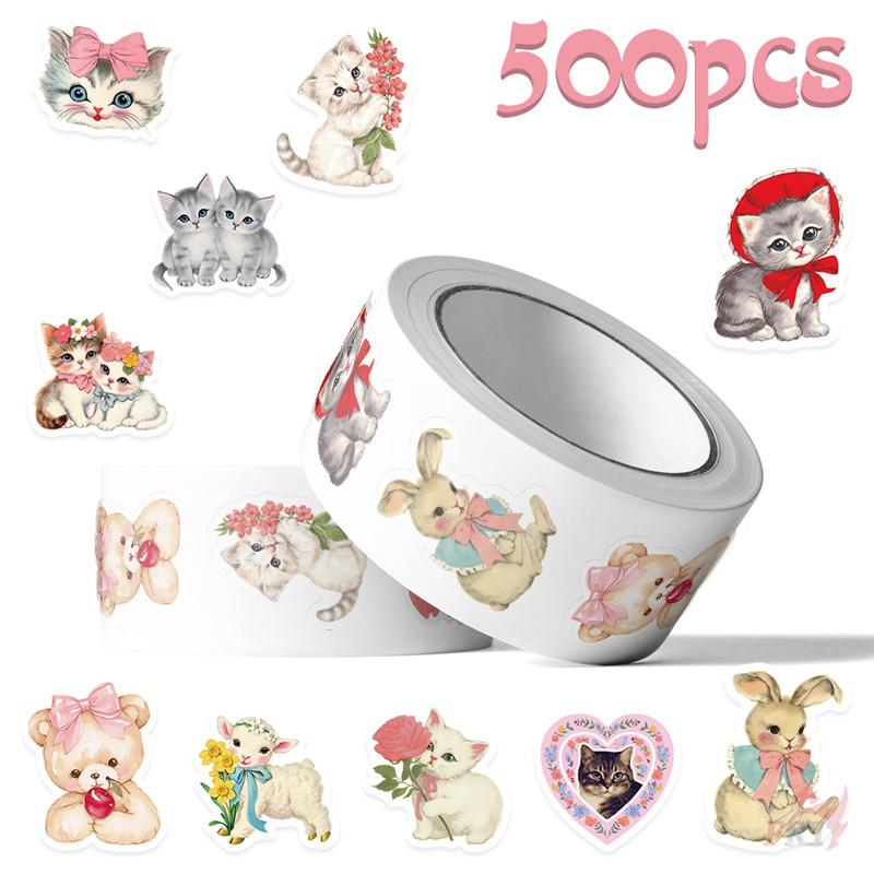 500Pcs/Roll Retro Animals Aesthetics Kids Rewards Stickers - DIY Scrapbooks Album Decor Sealing Label Decals