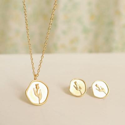 VINTAGEPINK [Optional] Tulip Coin Yellow Gold Earrings and Necklace Set