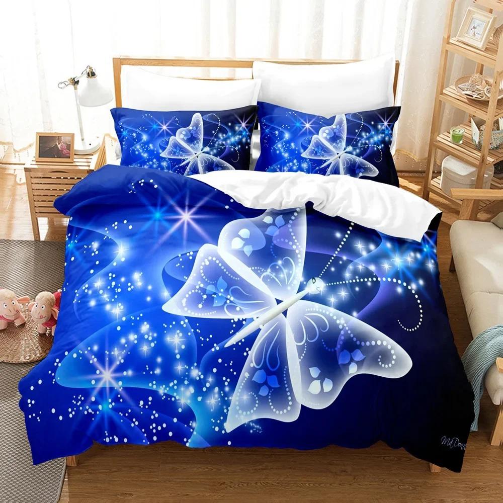 Butterfly Duvet Cover King/Queen Size,Beautiful Blue Shiny Butterflies Print Soft Bedding Set for Kids Teens Girls,2 Pillowcases