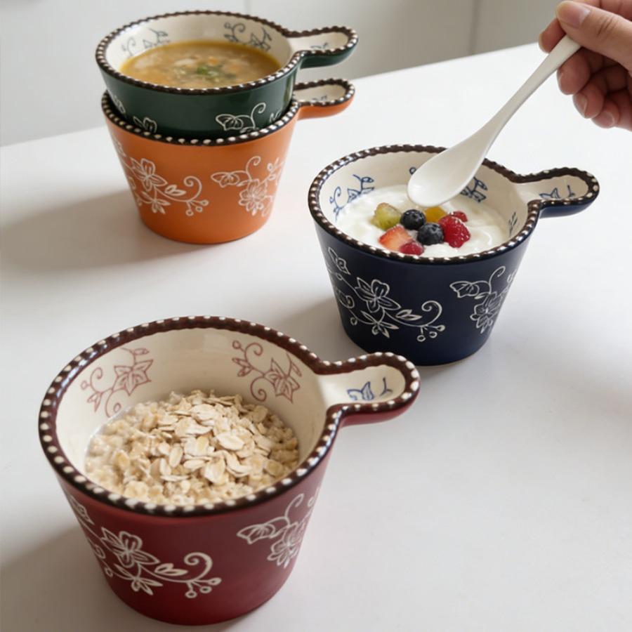 Ceramic Bowl with Handle Multifunctional Baking Bowl Oven Microwave Handmade French Tableware Coffee Cup Breakfast Cereal Bowl