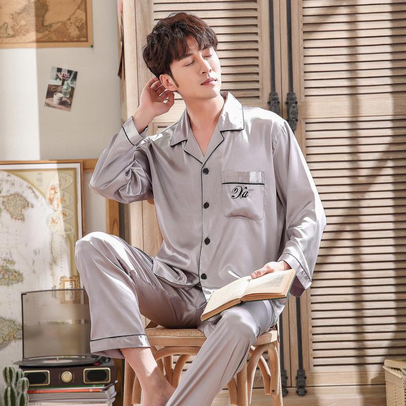 Frühlings-Seidenpyjama-Set im koreanischen Stil: Damenimitatseide & Herren Dünn Langarm Hauskleidung