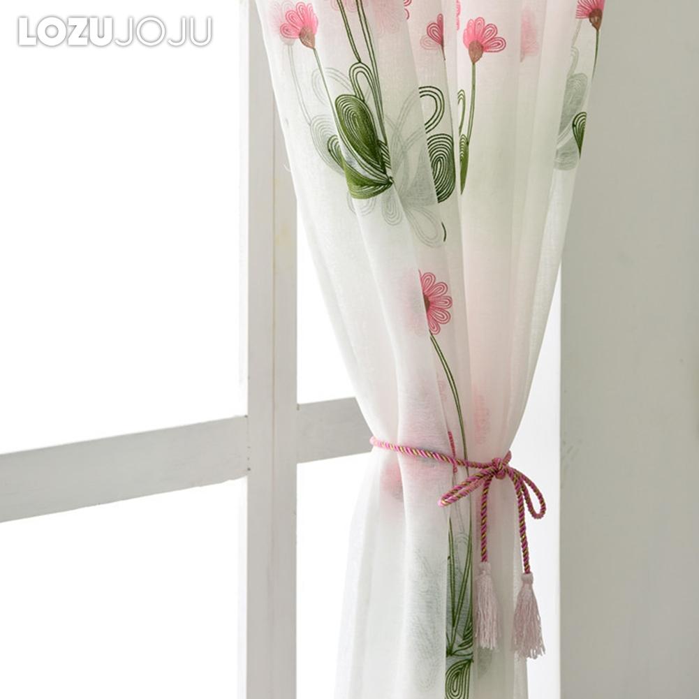 1PC LOZUJOJU 10-20% Blackout Rural Style Cartoon Pink Daisy Embroidered White Sheer Curtain for  Living Room Bedroom Window Decoration Home Decor