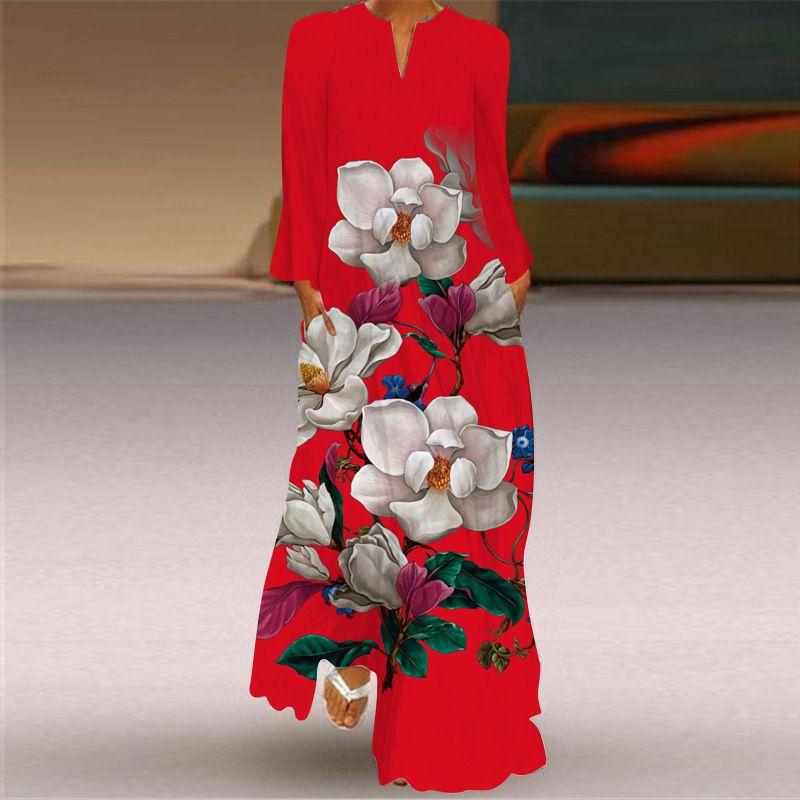 2025 Autumn New Women's Big Red Dress V Neck Long Sleeves Pocket Dress Stage Show Performance Costume