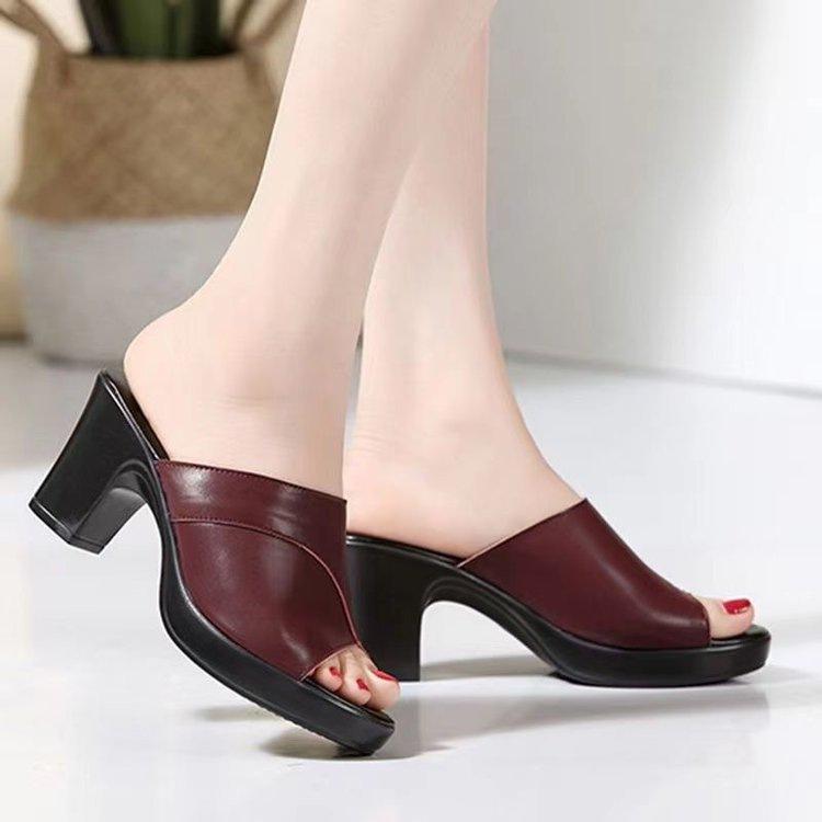 High-heeled Slippers Women's Summer Fashion Versatile 2025 New Thick Heel Soft Leather Soft Bottom Non-slip Thick Bottom Fish Mouth Cool Slippers Wome