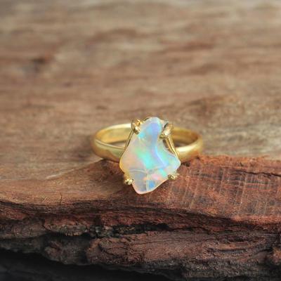 Anello portafortuna fatto a mano con opale etiope, gioielli placcati in oro giallo in argento sterling 100% 925