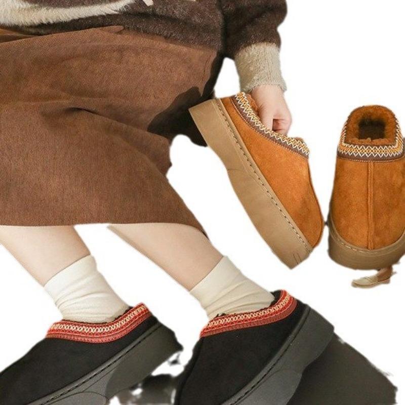 New cotton slippers women's winter embroidery thick-soled velvet warm one-pedal non-slip heightening slippers