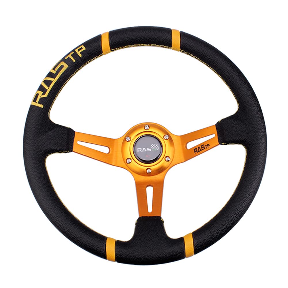 

MUTEKI 350mm Diameter Lightweight Aluminum Leather Steering Wheel Replacement for Cars with Deep Cone, Leather Embroidery, and Horn Button (Gold)