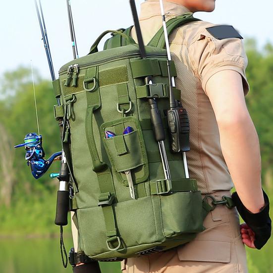 Zaino da pesca con portacanna, grande capacità, impermeabile, in tessuto Oxford, per campeggio, escursionismo, caccia, pesca, accessori, borsa portaoggetti