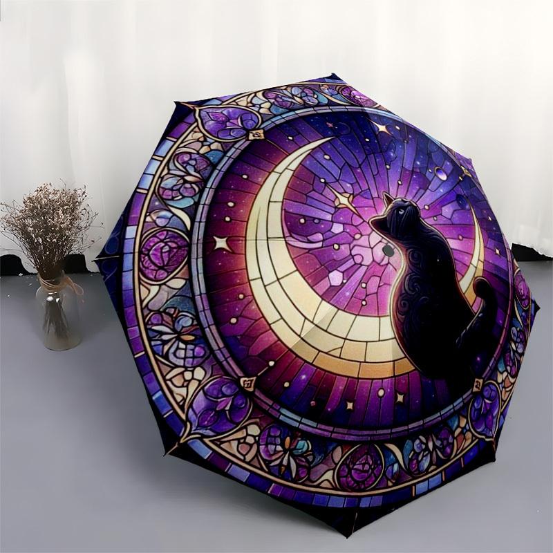 1pc Stained Glass Crescent Moon Cat Umbrella with Plastic Handle,Suitable for All Seasons Home Travel Outdoor UmbrellaDD002