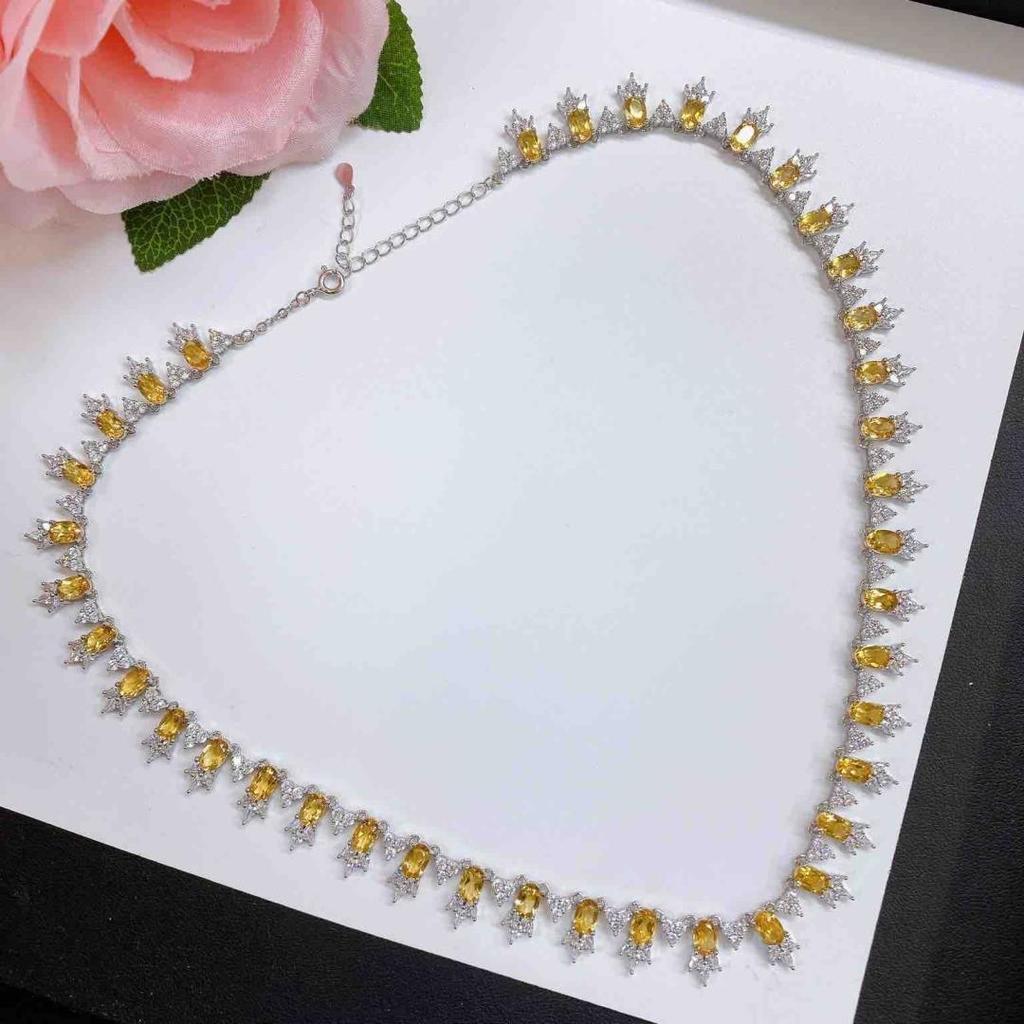Natural Yellow Crystal Pendant Necklace - S925 Sterling Silver Clavicle Chain for Women
