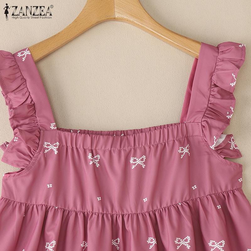 ZANZEA Women Casual Square Collar Bows Print Summer Sleeveless Tank Tops