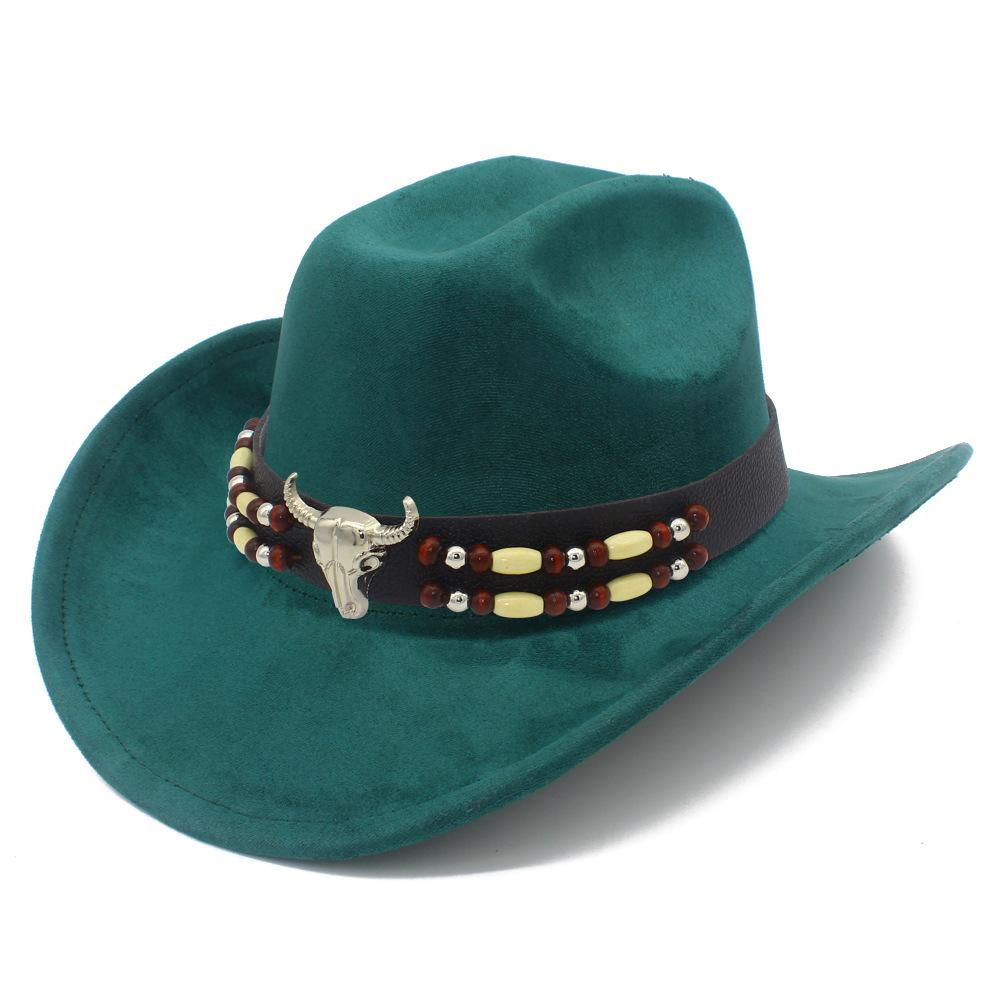 European and American Retro Ethnic Style Suede Top Hat Fashion Big Eaves Western Cowboy Hat Personalized Bull Head Tibetan Jazz Hat