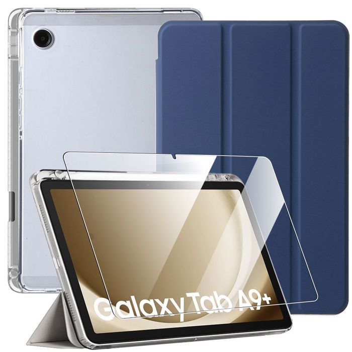 Coque + Verre Trempé - BOOLING - pour Samsung Galaxy Tab A9+ - Bleu Marine - Protection Silicone - Emplacement Stylet