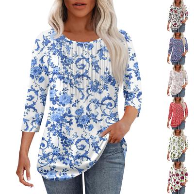 Tricou de damă la modă casual plisat cu gât rotund, casual, cu imprimeu floral, cu mâneci trei sferturi