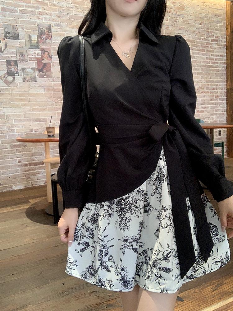2024 Autumn French Ink Floral Patchwork Slimming Long-Sleeve Dress
