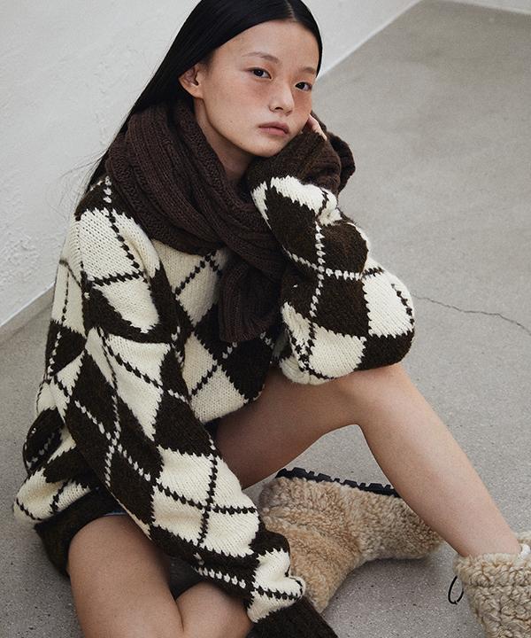 GREENBUTTER Argyle Knit Pullover (Cream/Brown)
