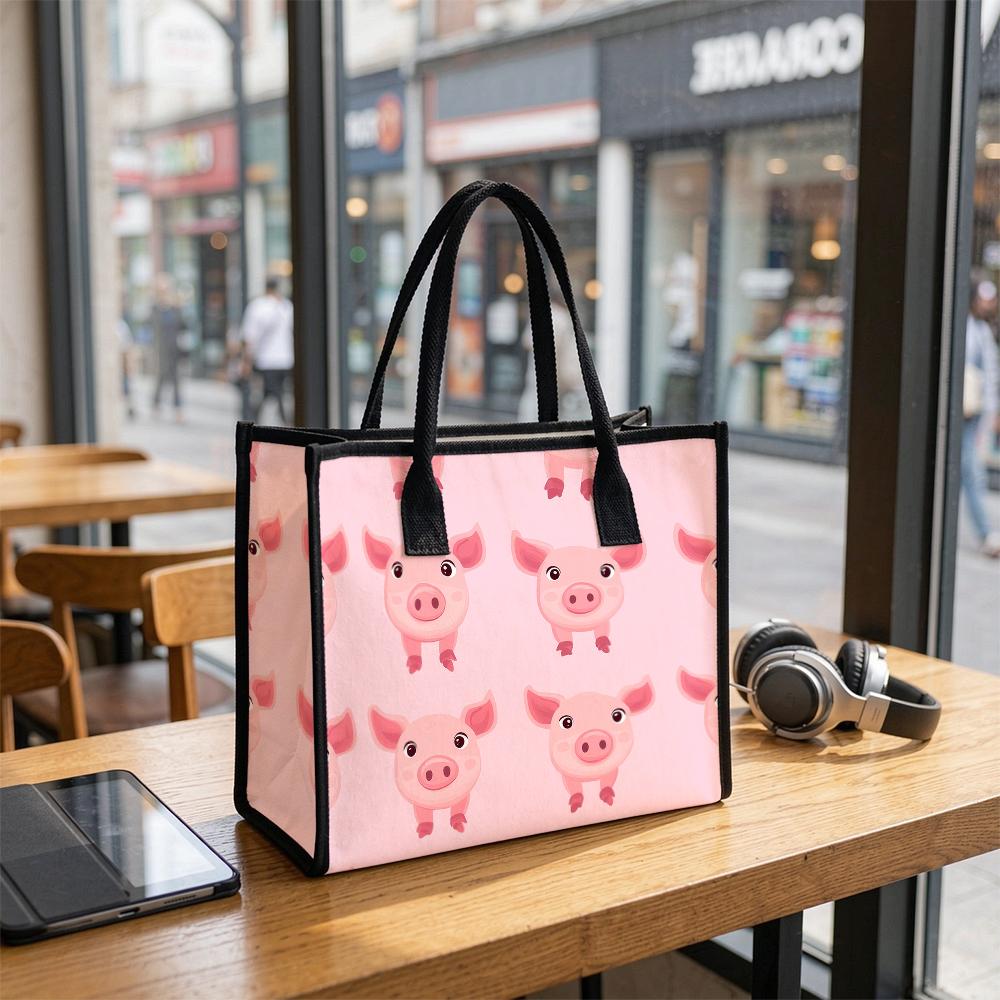 Cute Pink Pig Printed Women Tote Bag Fashion Casual Portable Daily Use Shopping Bag
