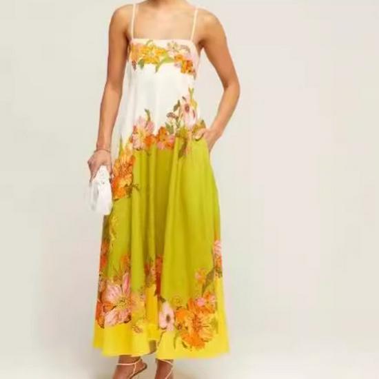 2024 Summer European & American Style Sling Elegant High-Waist Print Casual Dress