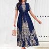 Women's Round Neck Short Sleeve Maxi Dress A Line Fit Mid Waist Elegant Floral Print Tie Waist Long Dress