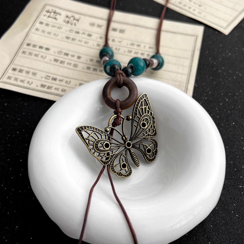 

Kansai Butterfly Pendant Tassel Necklace for Women New Chinese Beaded Retro Ethnic Style Braided Rope Niche Style Ornament Maximum 87cm