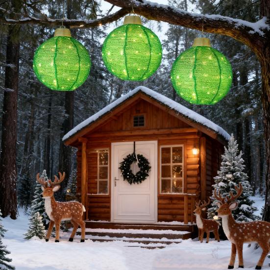 3Pcs Outdoor Hanging Christmas Light LED Illuminated Ornament Balls with 8 Lighting Modes And Timer Festive Sequin Ball for Porch Garden Decor