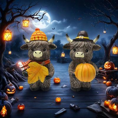 Halloween Highland Cow Resin Figurine Ornament Scottish Culture Symbol Handmade Pumpkin Maple Leaf Cow Statue