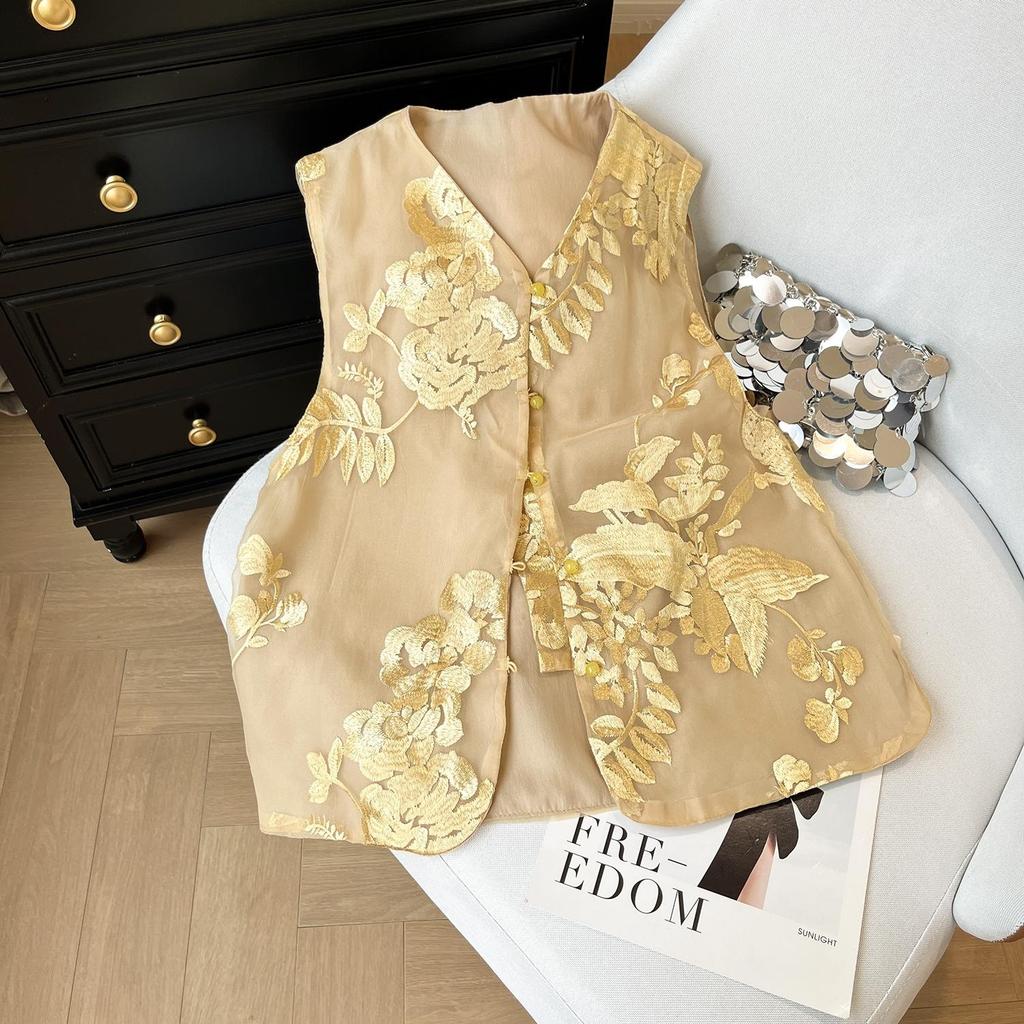 Vest Women's 2025 Summer Temperament Versatile Tulle Embroidered Sleeveless Retro High-end Sunscreen Top