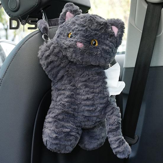 Plush Tissue Box Dispenser Zipper Closure Cartoon Cat Shaped Easy To Install Cute Tissue Box Car Hanging Tissue Organizer