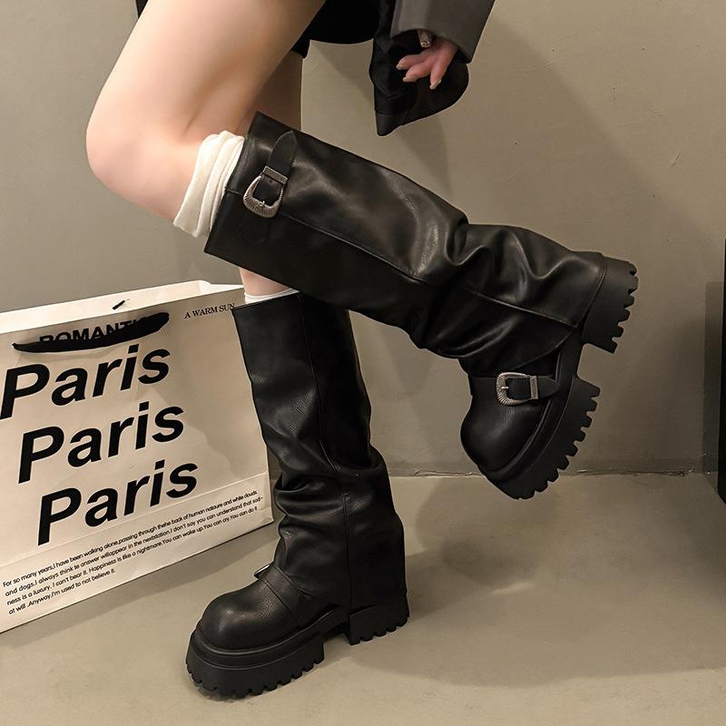 Big Head Pants Boots Pile Boots Women's 2025 Thick-soled Height Increasing Western Boots But Knee Knight Boots Tall Martin Boots