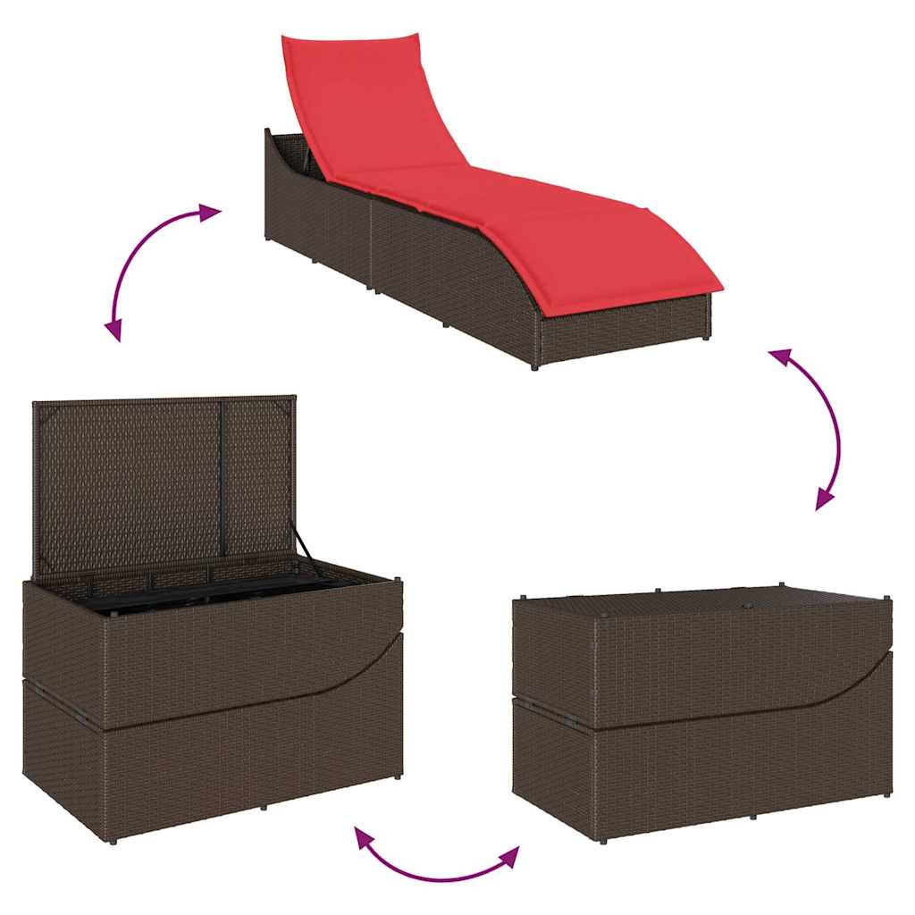 Folding Sun Lounger with Cushion and Storage Space Brown Poly Rattan