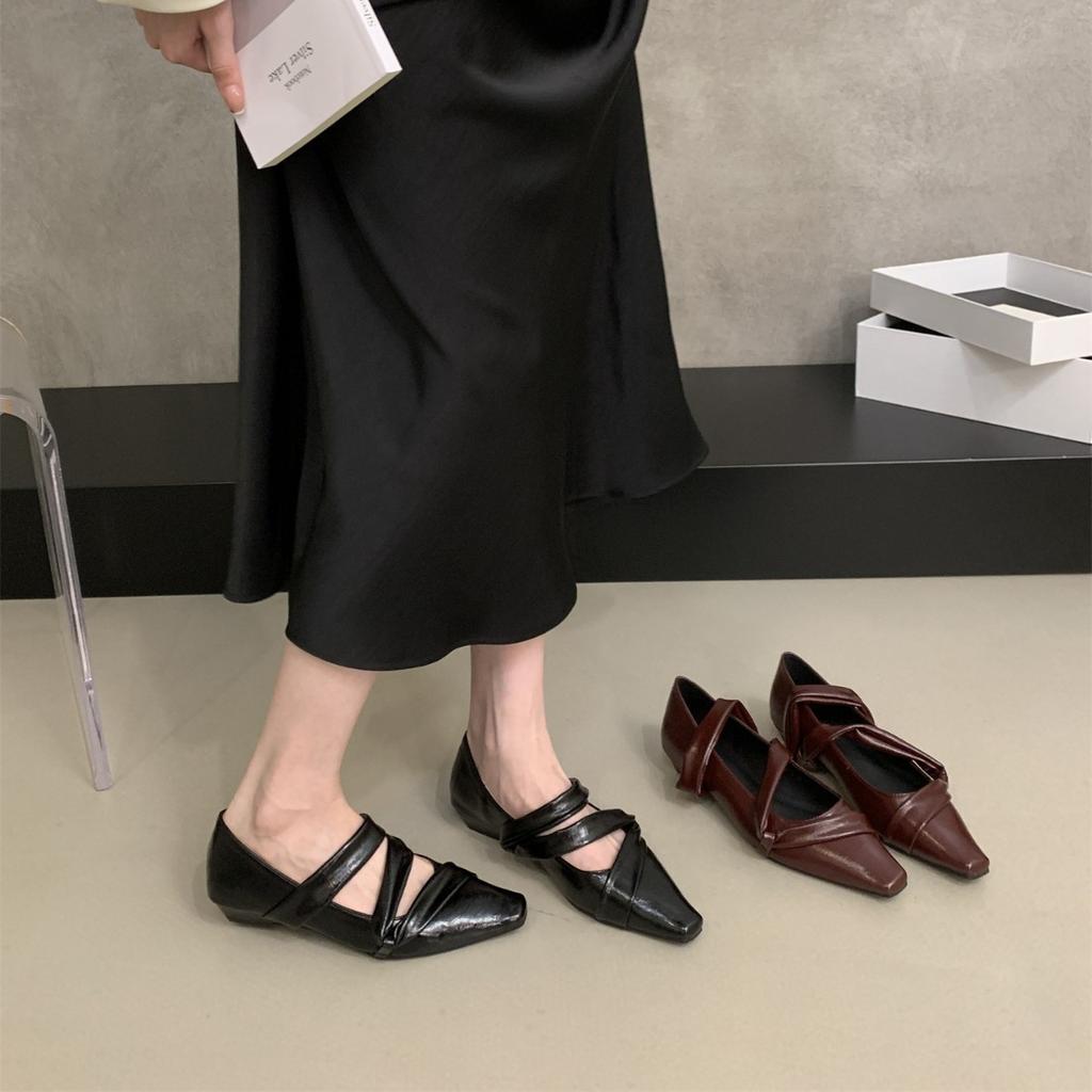French Retro Ballet Shoes Single Shoes Women's Black Square Head Low Heel Loafers Soft Leather Soft Sole Mary Jane Shoes
