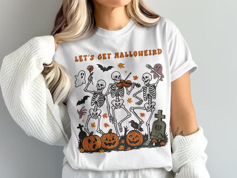 Lets Get Halloweird T-shirt, Halloween Skeletons Party Tee, Funny Halloween Oversized Unisex Streetwear Trendy Cotton Short Sleeves Classic