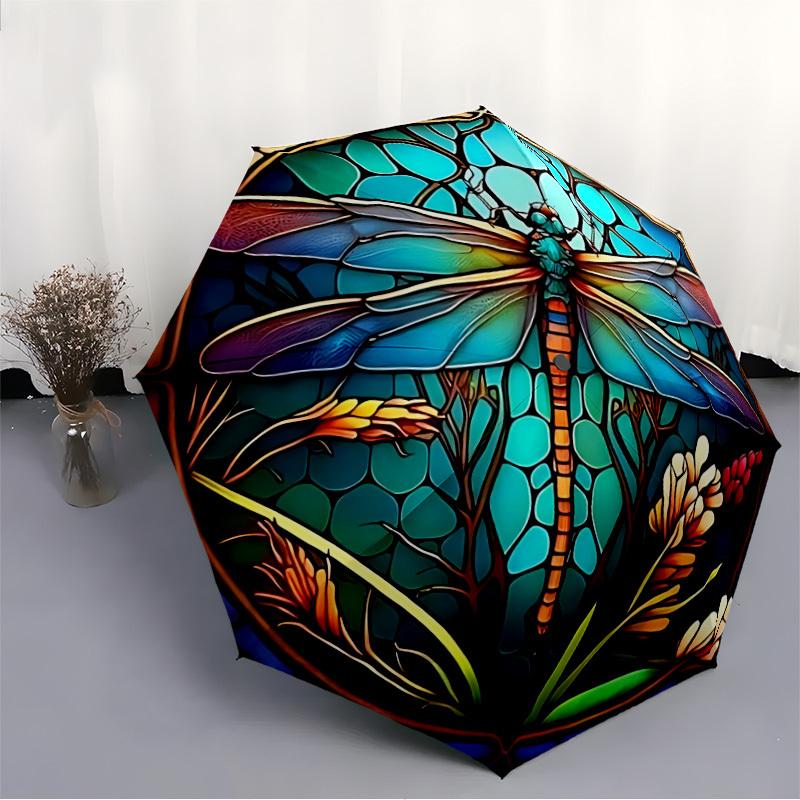 1pc Dragonfly StainedGlass Automatic Open/Close Umbrella with Folding feature Compact Travel Umbrella, Lightweight design, for Commuting006