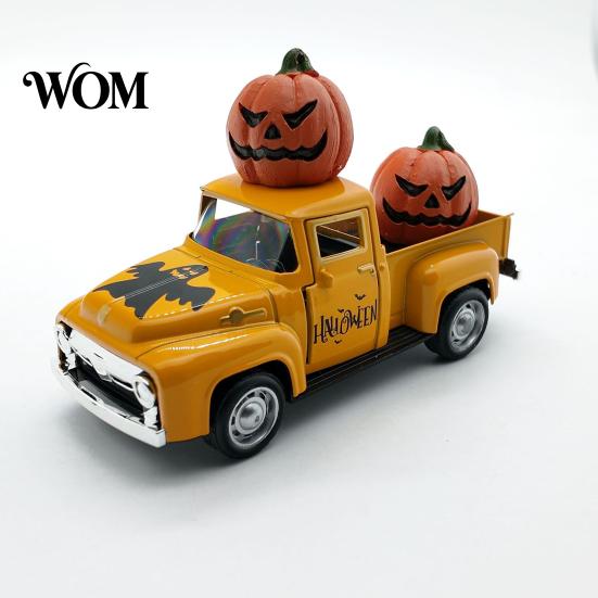 Retro Auto Desktop Dekoration Halloween Pick-up Truck Legierung Figur, Hält Kürbis Vintage Statue, Metall Ornament Miniatur Fahrzeug für Feiertage