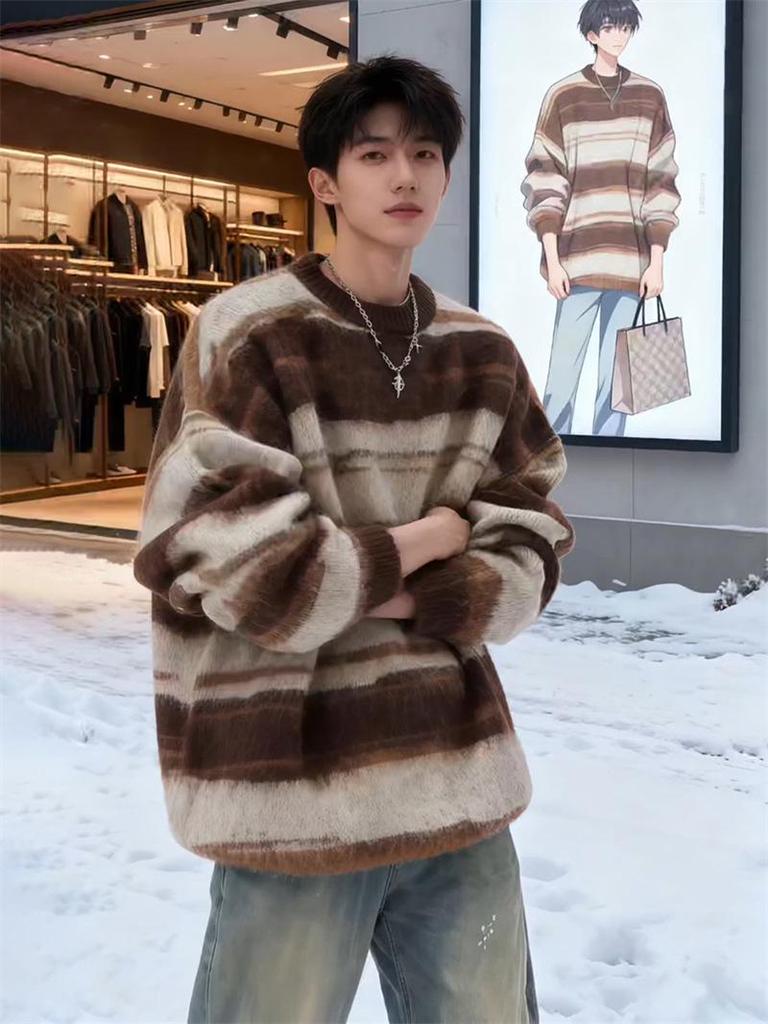 Men's Retro Color Block Mohair Crew Neck Sweater - Winter Trendy, Lazy Style Knitwear for Couples